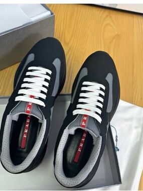 Prada Black, Gray and White Men's Lace-Up Sneakers with Red Logo Accent